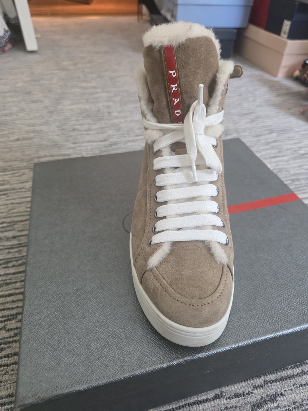 Prada Suede Shearling High-Top Sneaker in Taupe